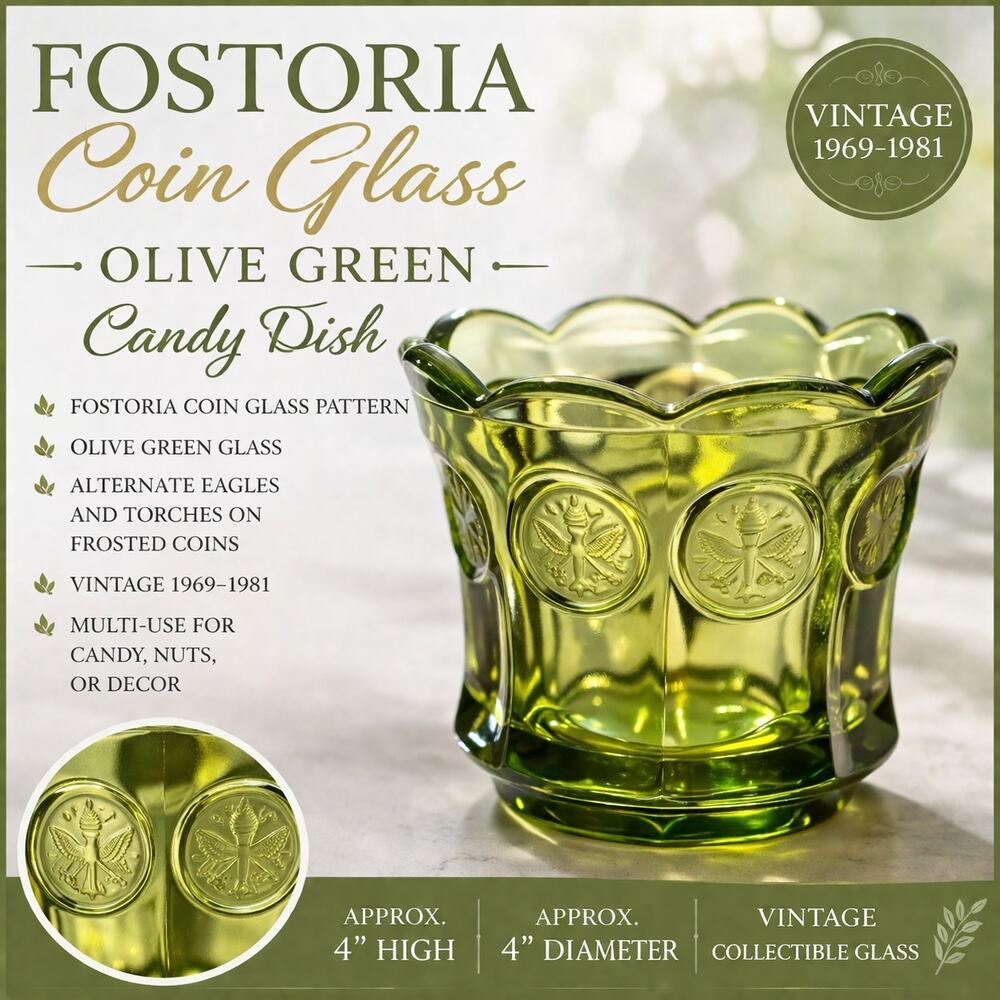 Fostoria Avocado Green Decorative Coin Glass  Scalloped Floral